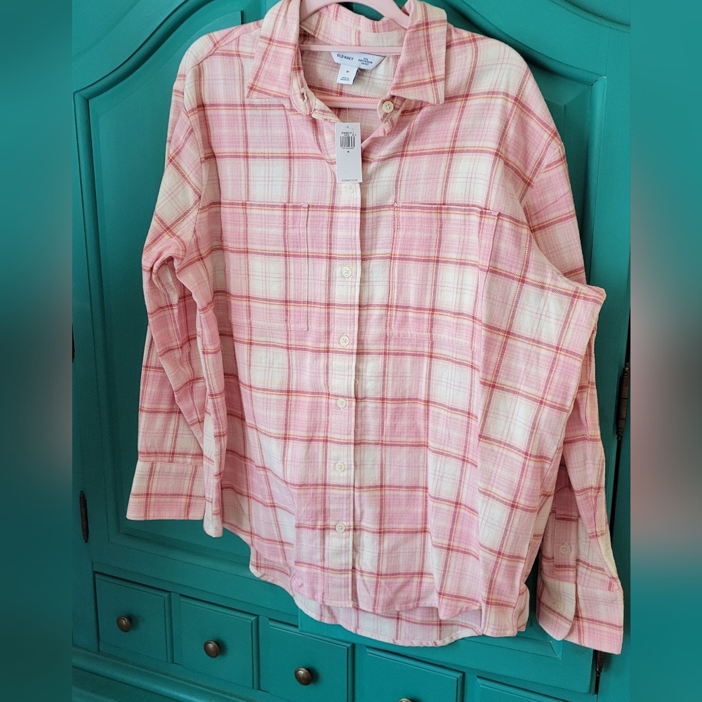 Old Navy Pink and White Plaid Boyfriend Shirt